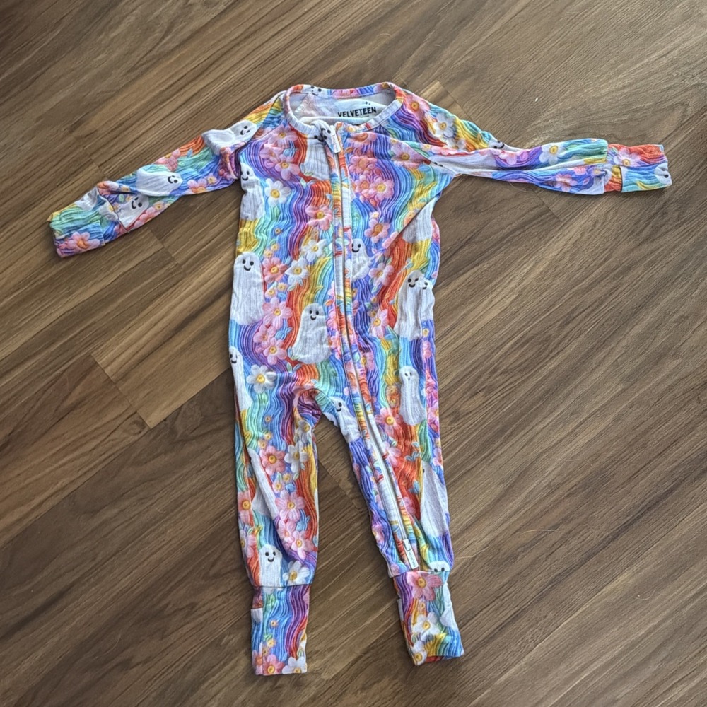 Velveteen Bunny Knots Bamboo Colorful Ghosts Footed Sleeper Pajamas VGC 0-3 Mon